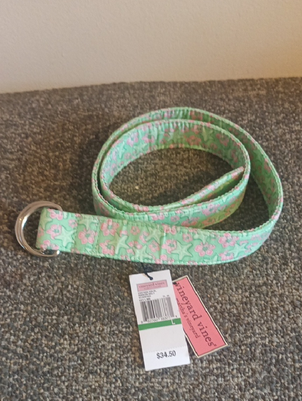 Vineyard Vines Pastel Mint Floral D-Ring Belt Size L